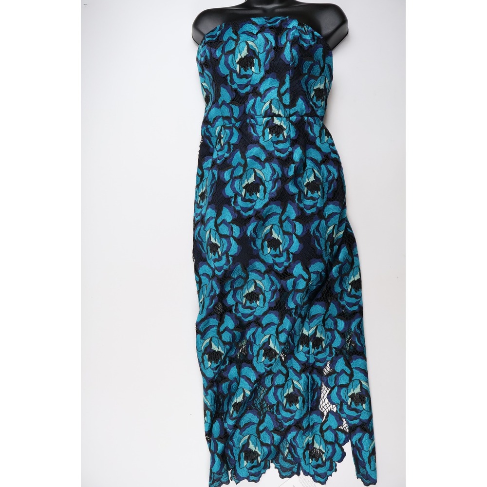 Milly Kait Blue Bloom Dress Turquoise Floral Strapless Lace Midi 10 NWT 695